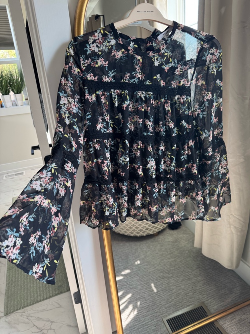 Black Floral Sheer Ruffle Blouse